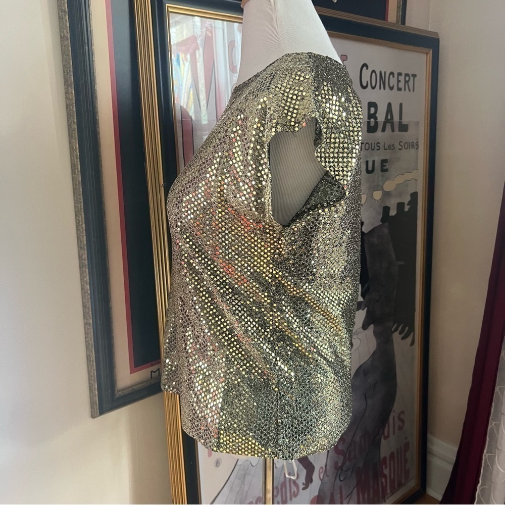 Joanna: Vintage Metallic Sparkle Gold Sequin Black Tank Blouse Top Size Medium - Picture 2 of 7